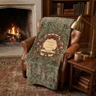 Personalized Christmas Velveteen Plush Blanket – The Art Nouveau Pine & Filigree Custom Holiday Design
