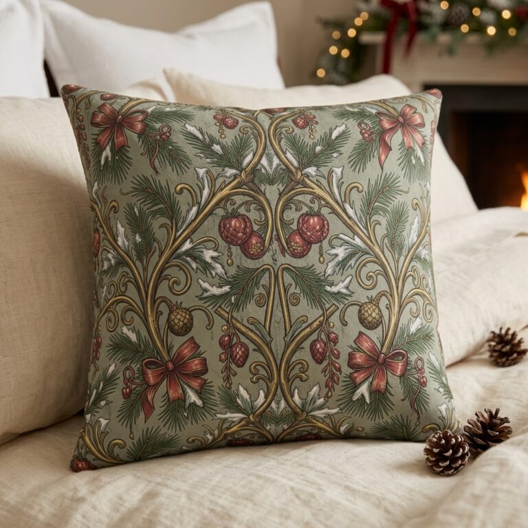 Art Nouveau Pine & Filigree Faux Suede Pillow – Statement Holiday Accent