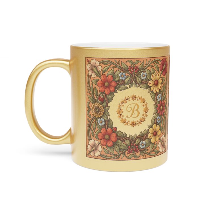 Personalised Botanical Monogram Mug – Woodcut Flora Wreath Gold Edition Coffee Cup
